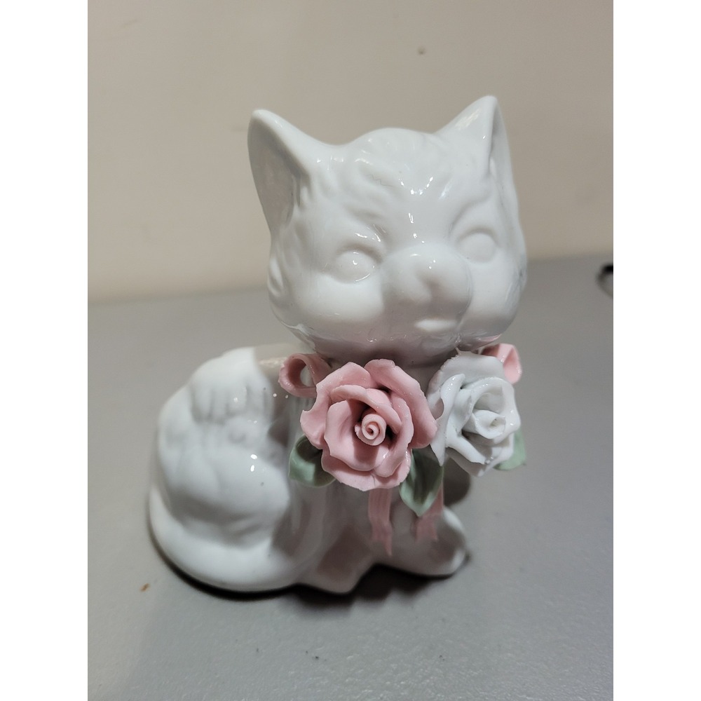 Vintage Kitten Cat Figurine Pink Rose Porcelain Flower Necklace Ceramic